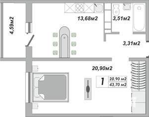 1-к квартира, строящийся дом, 44м2, 10/25 этаж
