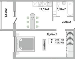 1-к квартира, строящийся дом, 44м2, 3/25 этаж