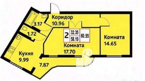2-к квартира, вторичка, 60м2, 5/17 этаж