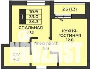 1-к квартира, строящийся дом, 34м2, 1/7 этаж