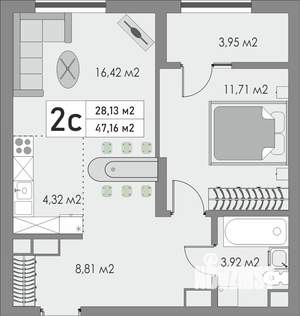 2-к квартира, строящийся дом, 47м2, 7/9 этаж