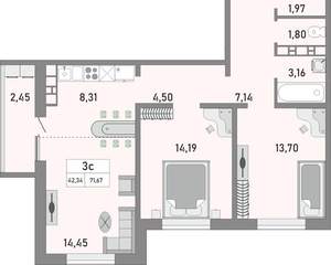 3-к квартира, вторичка, 72м2, 17/25 этаж