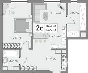 2-к квартира, строящийся дом, 57м2, 2/9 этаж