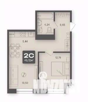 2-к квартира, строящийся дом, 46м2, 3/4 этаж