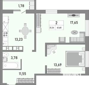 2-к квартира, строящийся дом, 62м2, 18/25 этаж
