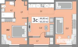 3-к квартира, строящийся дом, 60м2, 1/24 этаж