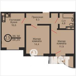 2-к квартира, вторичка, 58м2, 1/17 этаж