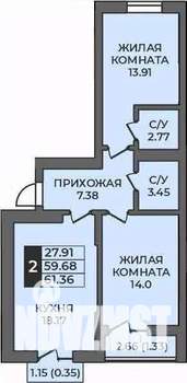 2-к квартира, строящийся дом, 61м2, 6/9 этаж