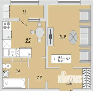 1-к квартира, сданный дом, 35м2, 17/24 этаж