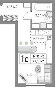 1-к квартира, строящийся дом, 25м2, 5/9 этаж