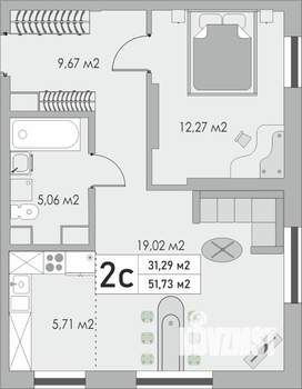 2-к квартира, строящийся дом, 52м2, 2/9 этаж