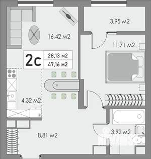 2-к квартира, строящийся дом, 47м2, 7/9 этаж
