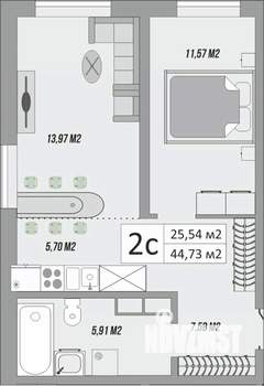 2-к квартира, строящийся дом, 45м2, 1/9 этаж