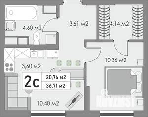 2-к квартира, строящийся дом, 37м2, 2/9 этаж
