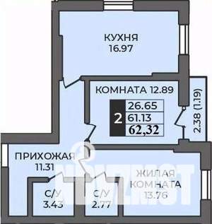 2-к квартира, строящийся дом, 62м2, 4/12 этаж