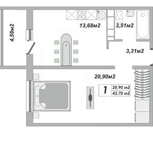 1-к квартира, вторичка, 44м2, 11/25 этаж