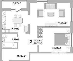 2-к квартира, строящийся дом, 57м2, 7/25 этаж