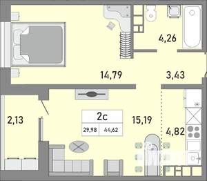 2-к квартира, строящийся дом, 45м2, 24/25 этаж