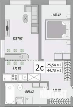2-к квартира, строящийся дом, 45м2, 1/9 этаж