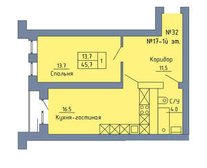 1-к квартира, вторичка, 46м2, 2/4 этаж