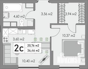 2-к квартира, строящийся дом, 36м2, 3/9 этаж