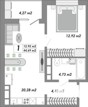 1-к квартира, строящийся дом, 45м2, 13/15 этаж