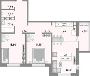 3-к квартира, строящийся дом, 72м2, 2/25 этаж