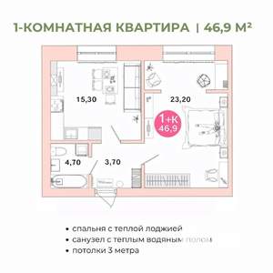 1-к квартира, вторичка, 47м2, 1/4 этаж