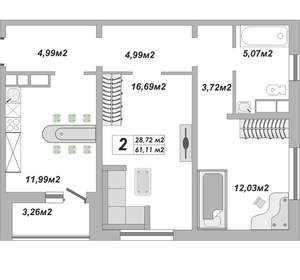 2-к квартира, вторичка, 61м2, 12/25 этаж
