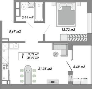 1-к квартира, строящийся дом, 46м2, 6/17 этаж