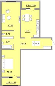 2-к квартира, вторичка, 64м2, 15/24 этаж