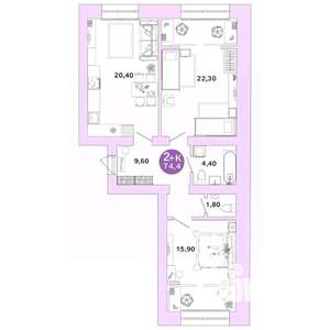 2-к квартира, вторичка, 74м2, 1/4 этаж