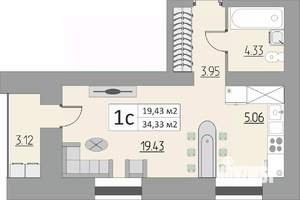 1-к квартира, строящийся дом, 34м2, 14/15 этаж