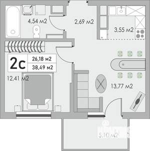 2-к квартира, строящийся дом, 38м2, 10/10 этаж
