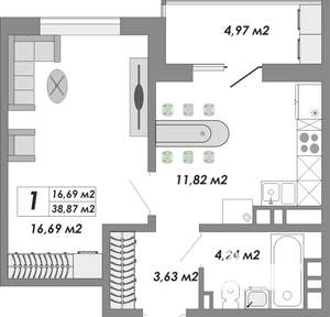 1-к квартира, строящийся дом, 39м2, 17/17 этаж