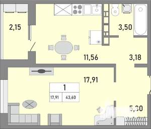 1-к квартира, строящийся дом, 44м2, 13/25 этаж