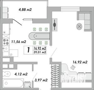 1-к квартира, строящийся дом, 39м2, 6/15 этаж