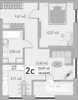 2-к квартира, строящийся дом, 49м2, 7/9 этаж