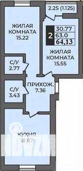 2-к квартира, строящийся дом, 64м2, 3/12 этаж