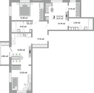 3-к квартира, строящийся дом, 84м2, 3/12 этаж