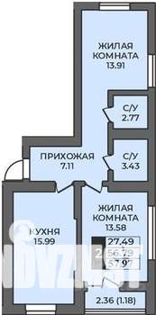 2-к квартира, строящийся дом, 58м2, 2/12 этаж