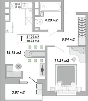 1-к квартира, строящийся дом, 40м2, 11/15 этаж