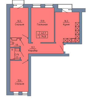 3-к квартира, вторичка, 74м2, 3/4 этаж