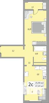2-к квартира, строящийся дом, 47м2, 24/24 этаж