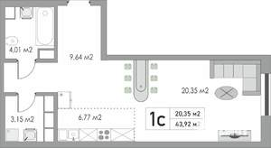 1-к квартира, строящийся дом, 44м2, 3/10 этаж