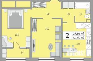 2-к квартира, строящийся дом, 54м2, 1/24 этаж