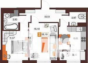 2-к квартира, строящийся дом, 58м2, 8/17 этаж