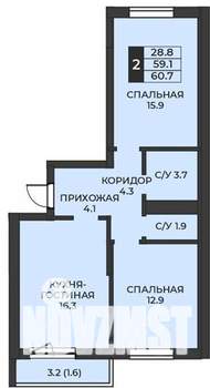 2-к квартира, строящийся дом, 61м2, 2/7 этаж